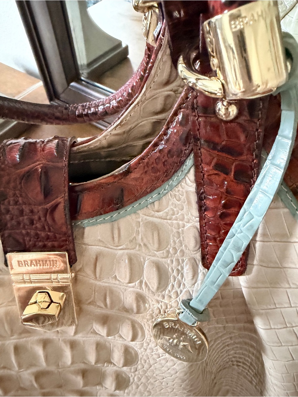 NWT Brahmin Elisa Linen Croc-Embossed Leather Satchel - Picture 5 of 10